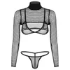 Womens Porno Stripper Outfit Transparent Pole Dance Fishnet Lingerie Set Clubwear Long Sleeve Shrug Tee with Triangle Bra Briefs176v