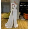 2021 New Sexy A Line Wedding Dresses One Shoulder High Side Split Lace Appliques With Flowers Sweep Train Plus Size Formal Bridal 288T