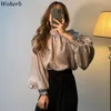 Woherb Élégant Chemise Printemps Femme Casual Tops Femmes À Manches Longues Bouffantes En Satin De Soie Blouse Filles Coréenne Bureau Blouses Solide Blusas 201130