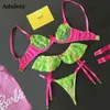 NXY Sexy Set Novo Feminino Sexy Laço Fluorescente Liga Bordada Gravata Set Steel Ring Grande Bra Malha Perspectiva Thong Lingerie 1126