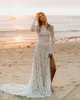 Strand Långärmad Bröllopsklänningar 2022 Backless Full Lace Fairy Tail Greek Bohemian Seaside Bridal Gown Billiga Vestidos Boda Gitana