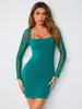 Kontrast Dobby Mesh Raglan Kollu Kare Boyun Bodycon Elbise O