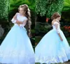 Céu lindo azul laço branco vestidos de festa formais para o convidado de casamento alta jóia corporta volta flor menina vestido com mangas graduação de pageant