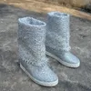 Bling Silver Kniting Woolen Cloth Mid-Calf Boots Height Increasing 8 cm Inner Wedge High Heel Woman Fashion Vintage Booties