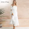 Wildpinky Yaz Sundress Kadınlar Beyaz Plaj Elbise Straplez Uzun Kollu Gevşek Seksi Kapalı Omuz Dantel Boho Şifon Maxi Elbise Y0118