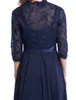 2022 Dark Navy Mother of the Bride Dress With Jacket Vintage V Neck Tea Length Chiffon Lace Groom Party Gowns Robe De Soiree