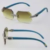 New Micro-paved Vintage wooden Rimless Luxury Diamond Set Sunglasses Blue Wood driving Sun Glasses Rocks Metal Frame Male and Female C Decoration 18K Gold Size:58-18