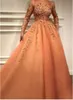 Bescheiden oranje lange mouwen prom jurken 2022 3D-appliques a line pure nek vloer lengte avondjurken formele vestidos custom mad