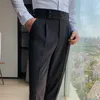 2021 Design Men High Waist Trousers Solid England Business Casual Suit Pants Belt Straight Slim Fit Bottoms White Clothing 220214