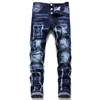 Männer Slim Fit Zerrissene Jeans Abzeichen Loch Zerstört Skinny Gerade Bein Ausgewaschene Herren Ausgefranste Motorrad Denim Hosen Hip Hop Stretch Biker 2987