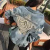 Giacca di jeans impreziosita da perle da donna Giacca vintage azzurra Cappotto con perline ricamate Autunno Inverno Outwear 21114