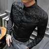 Wiosenna jesienna koronkowa podzielona kwiatowa koszula mężczyzna fryzura długoterminowa Czarna biała męska koszula Camisa Social Masculina Slim Fit V31012275