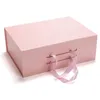 Cajas plegables de cartón magnético hechas a mano con logotipo personalizado rosa, embalaje de ropa interior, camisa, bolsa, zapatos, Cajas de Regalo con cinta