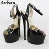 Sorbern – chaussures habillées noires brillantes à talons hauts de 20Cm, en cuir véritable britannique, bride à la cheville, bout ouvert, plateforme, talons aiguilles, arc pointu