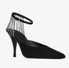 Top luxe vesper sling sandalen schoenen voor vrouwen ketting-getrimde suède puntige teen merk pompen ketting-verfraaide enkelriemen dame hoge hakken EU35-40