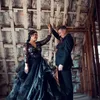 Swan Black Gothic Engagement Wedding Dresses 2021 Waves Horsehair Skirt Albertine Lace Top Bohemian Long Sleeve Beach Bridal Gowns