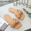 SUOJIALUN Women Bohemian Bow Flat Slippers Summer Outdoor Non-slip Beach Shoes Flip Flops Slip On Slippers Slides Zapatos Mujer X1020