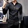 Vestido masculino camisas bronzing letra impressão camisa homens magro fit formal para camisa hombre casual manga longa streetwear chemise v249