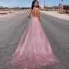 Sexy Rose Gold Pink Prom Dresses 2022 A-Line Sparkly Sequined Party Spaghetti Long Vestidos para ocasiones especiales con cuello en V sin espalda vestido de noche vestido de festa Longo