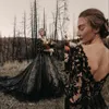 2022 Gotik Siyah Vintage Gelinlik Bir Çizgi Resmi Gelin Gowns v Boyun Dantel Aplikes Tül Illusion Sırtsız Süpürme Tren Plu3227