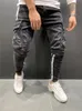 Męskie dżinsy boczne Paski Pencil Pants Hip-Hop Spodni multi-pockets Moto Biker Skinny Jogging Drukowane spodnie