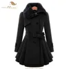Sishion Plus Размер черный красные женщины винтажные пальто осень зима шерстяное сочетание пальто двойной грубого полотна ленточные пальто LJ201106