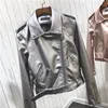 Silver Leather Jacket Kvinnor Metallic Motorcykel Kort Jackor Lapel Zipper Biker Coat Soft Ladies Punk Streetwear 201120