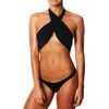 Bikini Sexig baddräkt Kvinnor Halter Top Bathing Suit Beachwear Rygglös låg midja Simdräkter Cross Brazilian Bikinis T200508