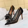 Women Shoes High Heels Sexy Pointed Toe 9cm Pumps Wedding Dress Shoes Black Shiny Bow Bow Rhinestones