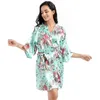 Floral Short Night Robe Sleepwear Women Amarra a cintura imitação de seda químicas de camisola de vestes de banheiro