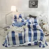 Japanese Brief Pink Grid Ruffles Princess 3/4 pcs Bedding Set Bed Sheet Duvet cover Pillow Cases Washed Cotton King Queen Twin T200706