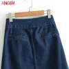 Tangada autumn women vintage denim skirt blue buttons pocket retro high waist straight mid calf skirts faldas mujer BC12 LJ200820