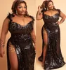 2022 Plus Size Arabic Aso Ebi Black Sparkly Sexy Prom Dresses Beaded Feather Evening Formal Party Second Reception Birthday Engagement Gowns Dress ZJ250