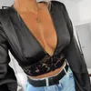 Women's Blouses & Shirts 2021 Women Summer Lace Hollow Out Satin Silk Patchwork Button Deep V Neck Crop Top Long Sleeve Sexy Blouse Tops