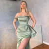 NEW! Mint Green Plus Size Arabic Aso Ebi Mermaid Crystals Sexy Prom Dress Evening Gowns Strapless High Split Satin Formal Gown Party Second Reception Dresses