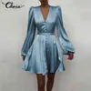 Celmia Elegant Satin Party Dress Women High Waist Långärmad Mini Sundress Sexig V-Neck Bandage Solid Kändis Vestidos Robe Y220214