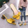 Summer Bow Knot Ladie Square High Heels Outside Fashion Slides Casual Shoes Woman Sexy Slippers Y200624