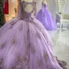 2021 lavanda maniche lunghe abiti quinceanera pizzo floreale in rilievo di cristallo con scollo a V buco della serratura posteriore abito da ballo con lacci abito da ballo dolce 16 Plus