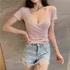 Solid Color Basic Sexy Skinny V-neck Cropped Womens Tshirt White Short Sleeve T-Shirts Slim Slimming Wild Tees Women's Sexy Top G220310