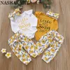 NASHAKAITE Born Baby Clothes Set Yellow Floral Letter Long Sleeve Baby Romper Bowknot Pants Headband Baby Girl Clothes LJ201223