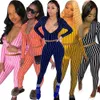 Designer style 2021 tracksuits Women Tracksuit 2 Piece Set Slim Sexy Striped V-neck Zipper T Shirt Long Sleeve Top And Pants Ladies Fashion Clubwear 5 Colours Dhl