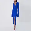 Kvinnor Bodycon Sticke Dress Lady Single Breasted Lanter Sleeve Elegant Female Wid Down Collar Mid Splim Dresses Autumn