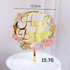 Cake Topper Lichte Bloem Gelukkige Verjaardag Taart Ingevoegde Kaart Acryl Elegante Lettertype Verjaardagsfeestje Bakken Decoratie Benodigdheden