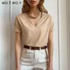 WOTWOY Sommer Casual Solide V-ausschnitt T-shirt Frauen Gestrickte Baumwolle Grundlegende Kurzarm Tops Weibliche Weiche Weiße T-shirt Harajuku 220307