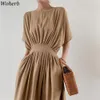 Woherb Summer 2020 솔리드 롱 드레스 여성 여성을위한 한국어 맥시 드레스 Vestidos 캐주얼 Pleated Office Lady Robe Femme LJ200818