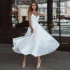 2021 Boho Satin Krótkie suknie ślubne Długość kostki Spaghetti Backless Beach A Line Bride Suknie z kieszeniami Proste Vetsidos de Novia Al8388 \ t