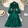 Kobietowa sukienka imprezowa Vintage Spring Autumn Elegancka Lantern V-Neck Lantern Long Rleeve High Talia A-line midi vestidos z szarfami 2022 NOWOŚĆ