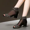 부츠 2021 샌들 메쉬 레이스 구두 여성 발목 들여다 발가락 하이힐 섹시한 신발 백 지퍼 Chunky Heel Flower Black Red1