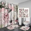 Pink Big Flowers Printed Shower Curtain Set with Rug Anti-slip Carpet Bathtub Toilet Screen Waterproof Bathroom Decor with Hooks 201128