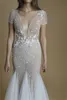 Liz Martinez Meerjungfrauen-Kleider mit V-Ausschnitt, kurzärmelig, 3D-Blumenapplikationen, Brautkleider, Sweep-Zug, Vintage-Illusion-Hochzeitskleid
